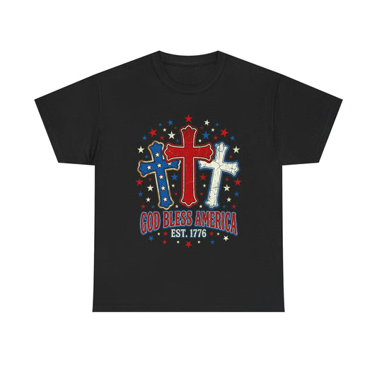 Patriotic Cross Trio Tee | God Bless America Est.1776, USA flag stars