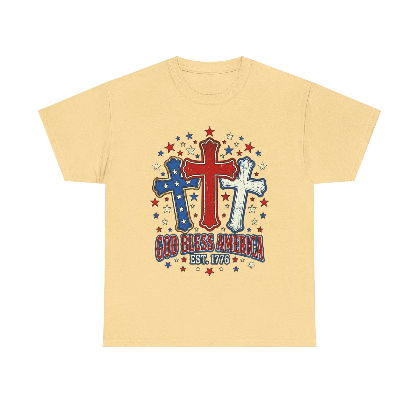 Patriotic Cross Trio Tee | God Bless America Est.1776, USA flag stars