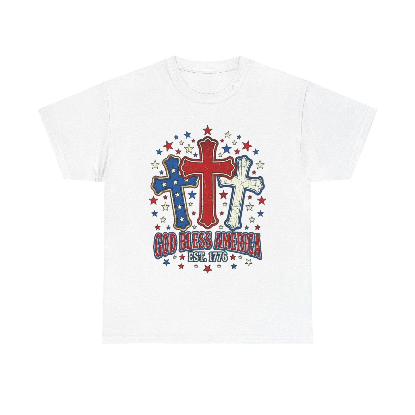 Patriotic Cross Trio Tee | God Bless America Est.1776, USA flag stars