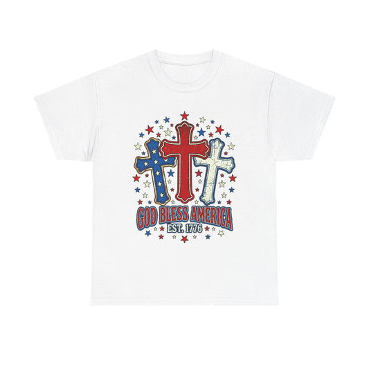 Patriotic Cross Trio Tee | God Bless America Est.1776, USA flag stars