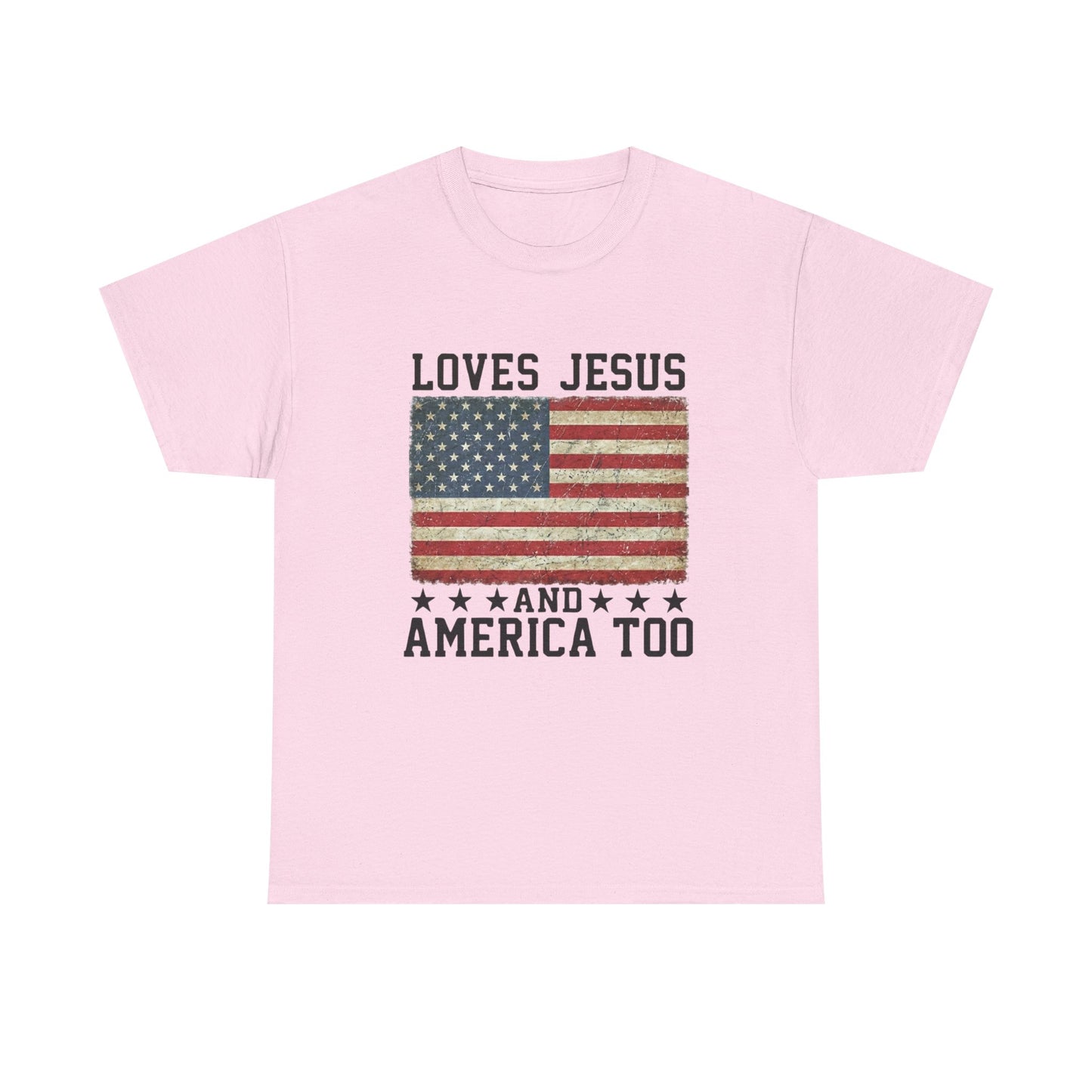Loves Jesus and America Too T-Shirt | American Flag Christian Patriotic Tee