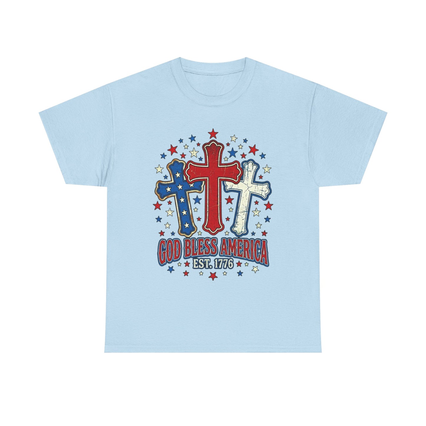 Patriotic Cross Trio Tee | God Bless America Est.1776, USA flag stars