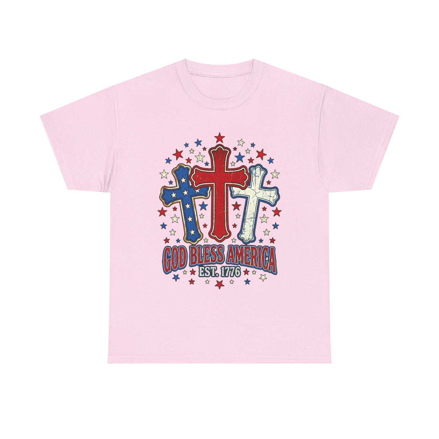 Patriotic Cross Trio Tee | God Bless America Est.1776, USA flag stars