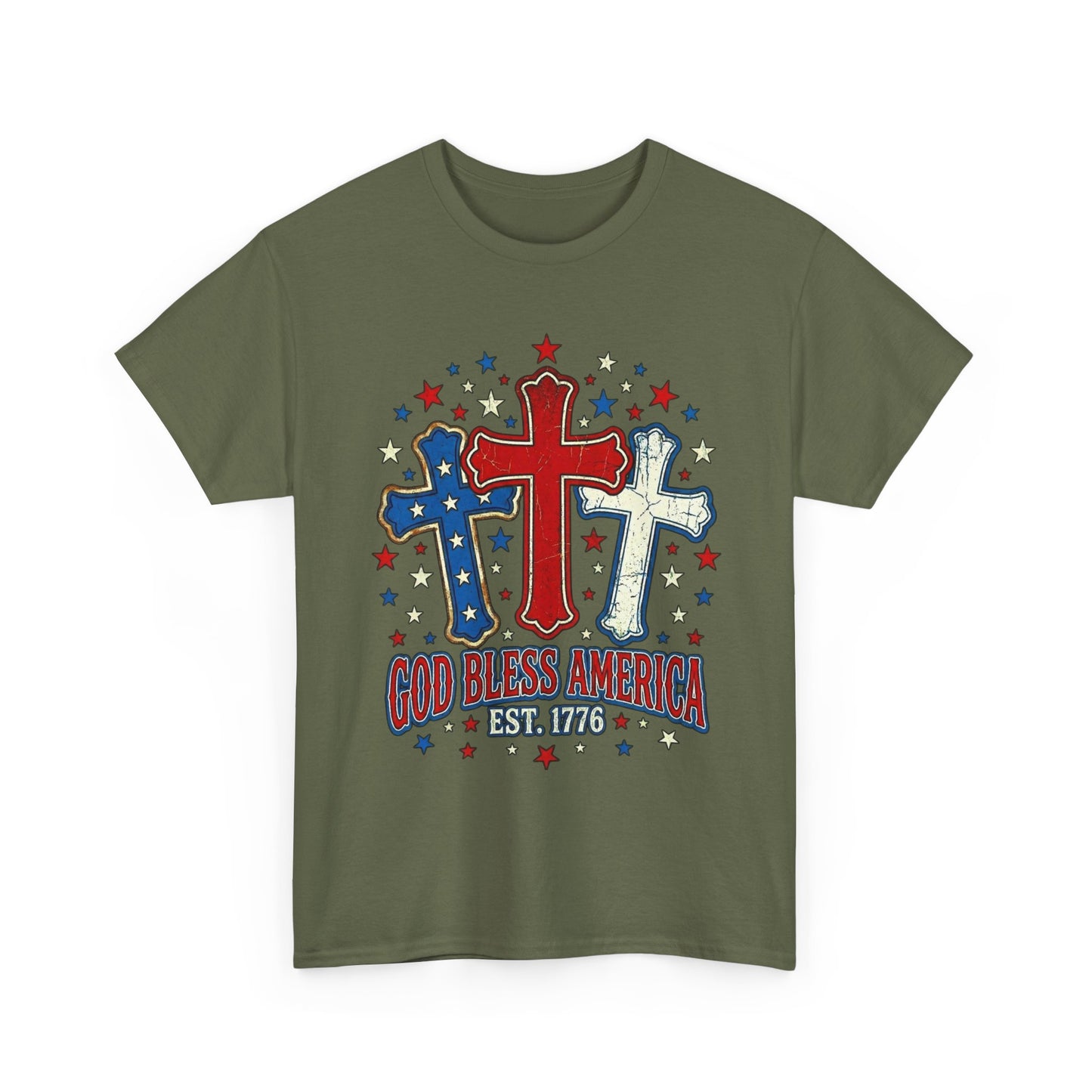 Patriotic Cross Trio Tee | God Bless America Est.1776, USA flag stars