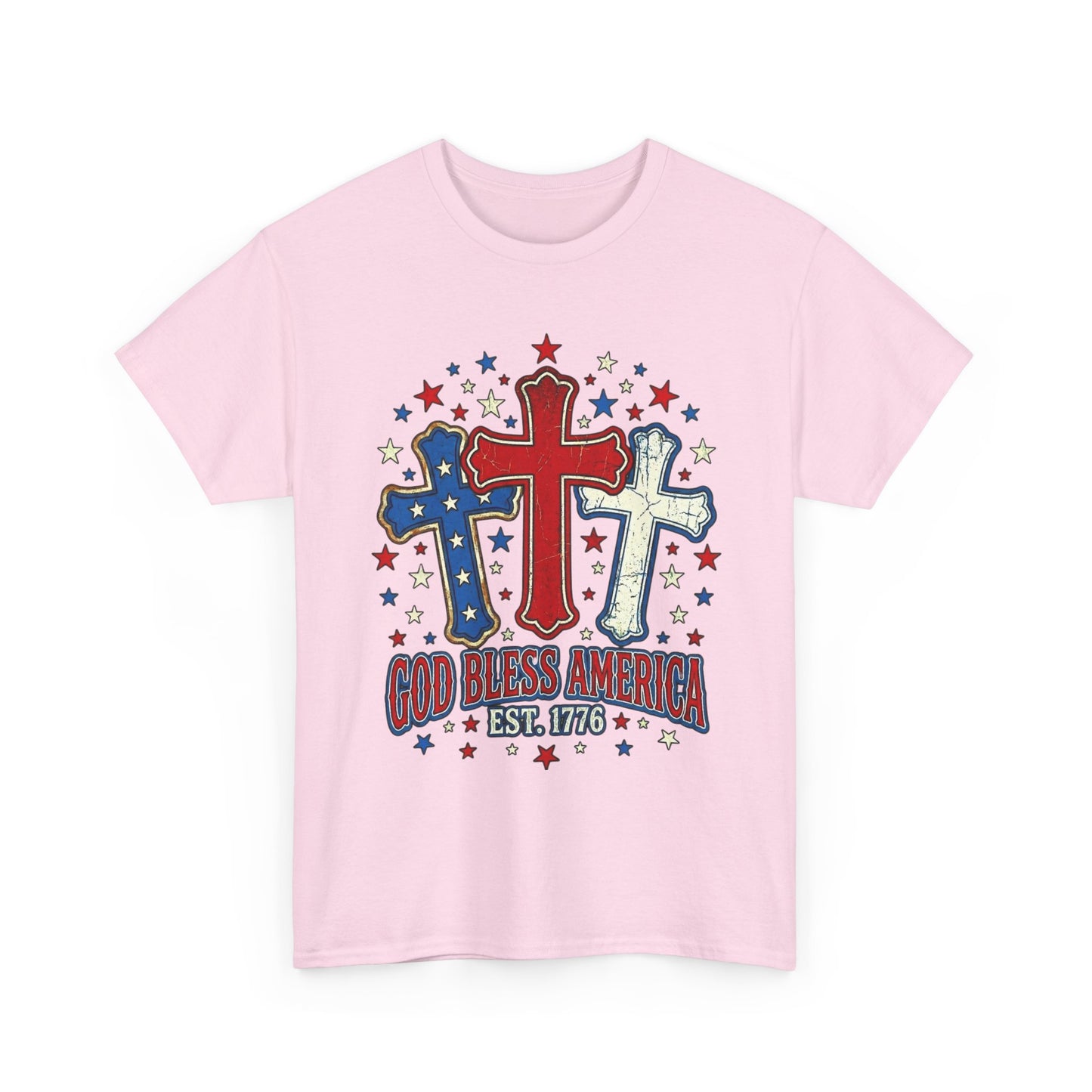 Patriotic Cross Trio Tee | God Bless America Est.1776, USA flag stars
