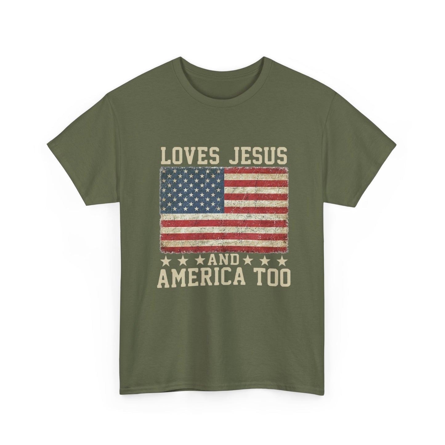 Loves Jesus and America Too T-Shirt | American Flag Christian Patriotic Tee