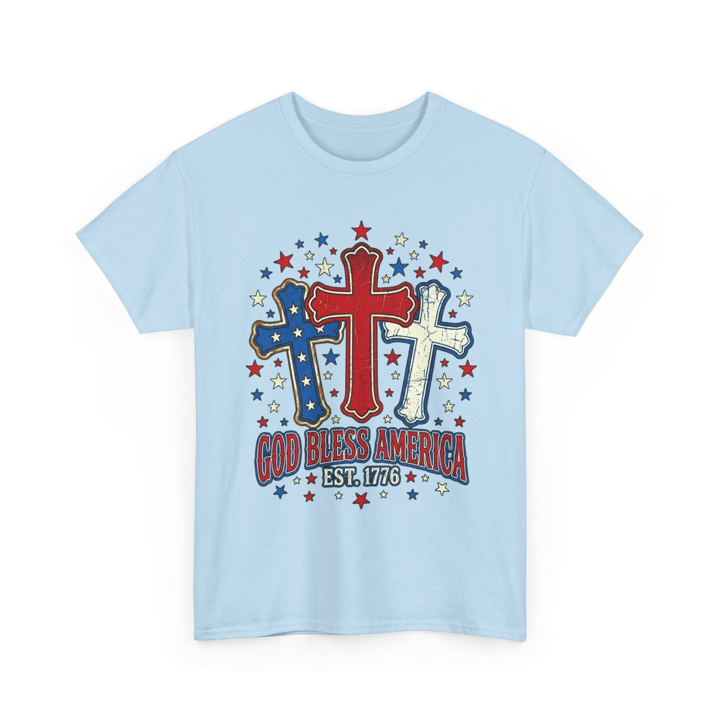 Patriotic Cross Trio Tee | God Bless America Est.1776, USA flag stars