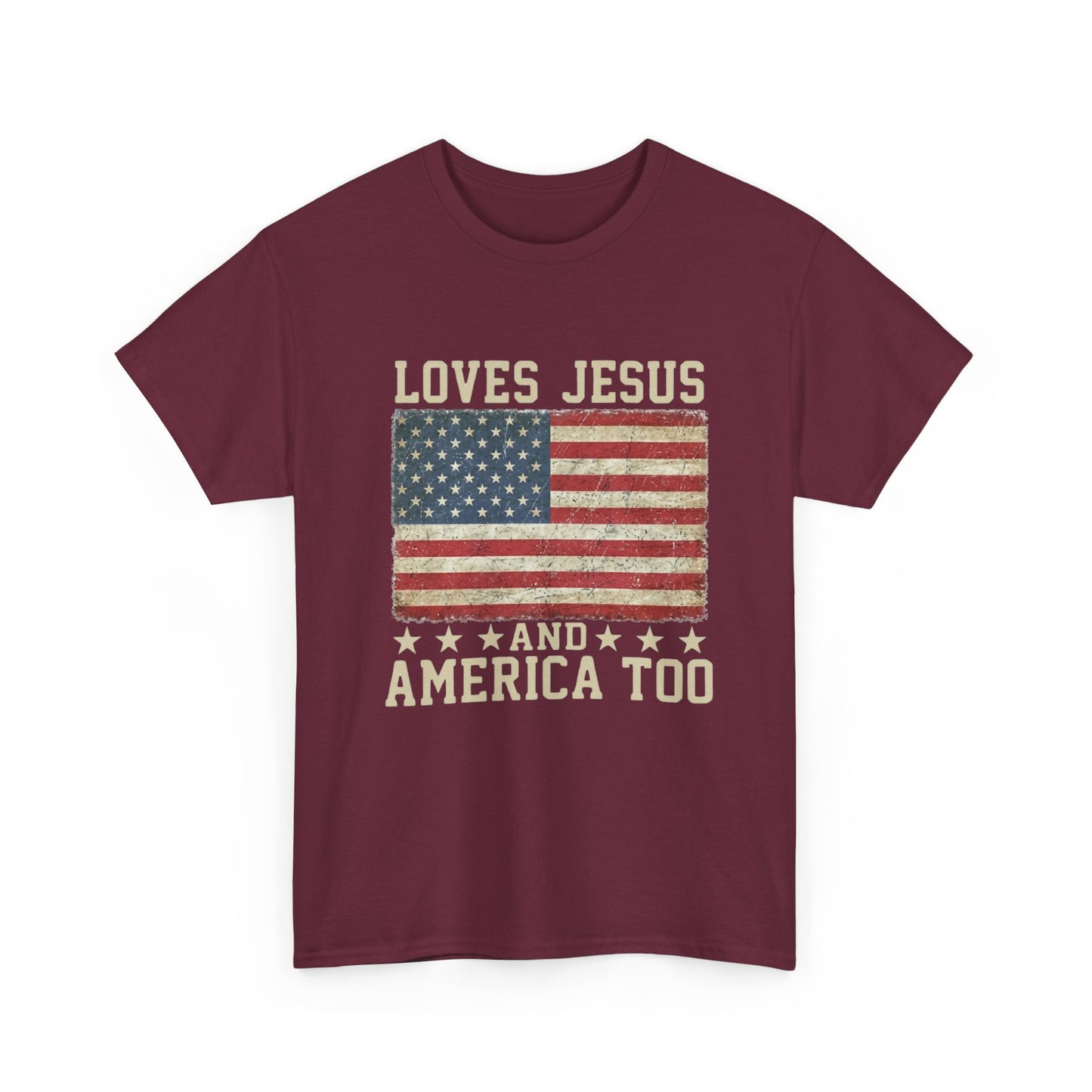 Loves Jesus and America Too T-Shirt | American Flag Christian Patriotic Tee