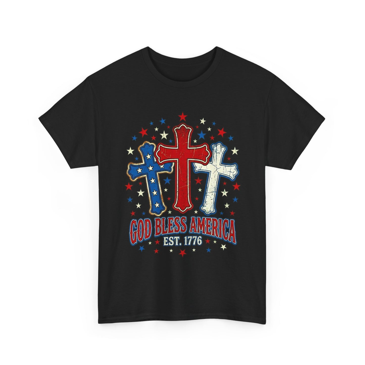 Patriotic Cross Trio Tee | God Bless America Est.1776, USA flag stars