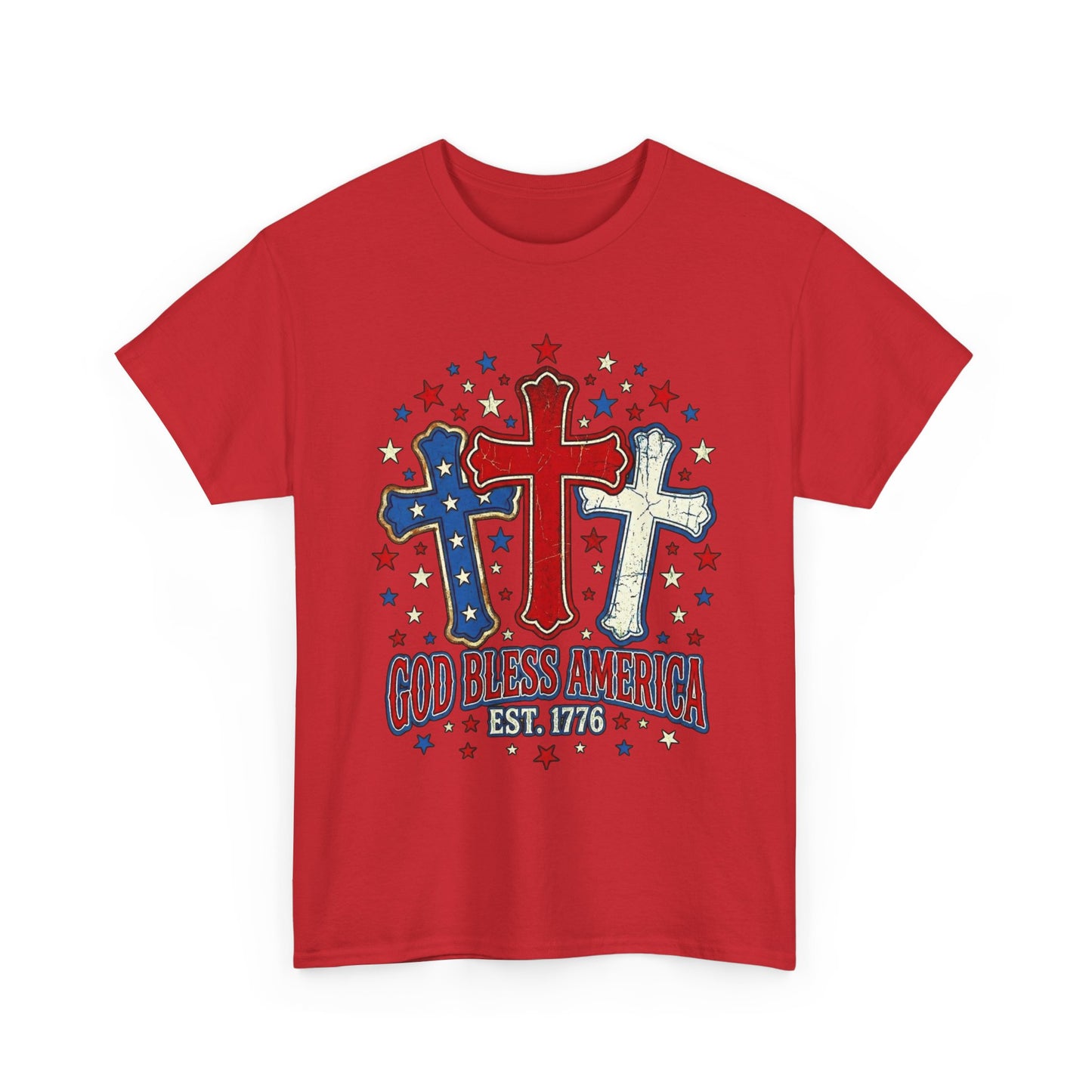 Patriotic Cross Trio Tee | God Bless America Est.1776, USA flag stars