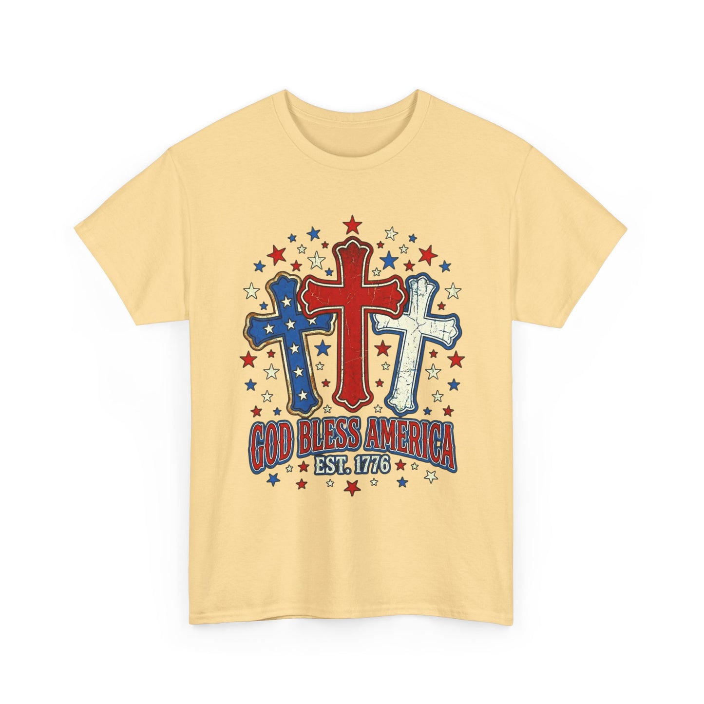 Patriotic Cross Trio Tee | God Bless America Est.1776, USA flag stars