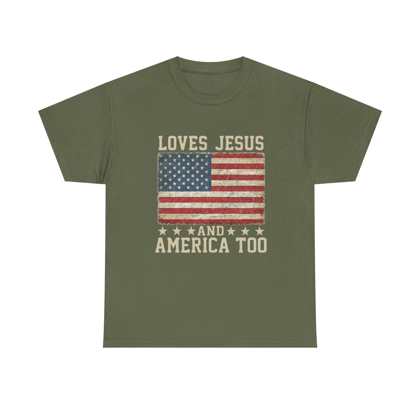 Loves Jesus and America Too T-Shirt | American Flag Christian Patriotic Tee