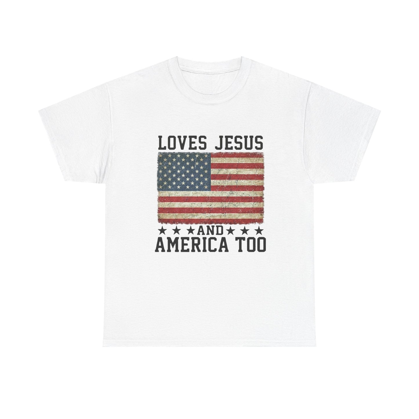 Loves Jesus and America Too T-Shirt | American Flag Christian Patriotic Tee