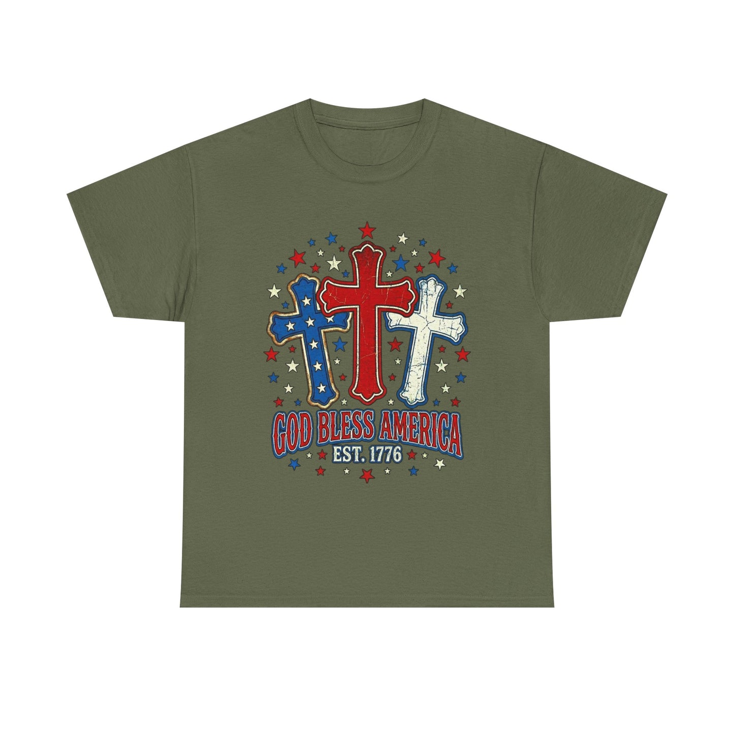 Patriotic Cross Trio Tee | God Bless America Est.1776, USA flag stars