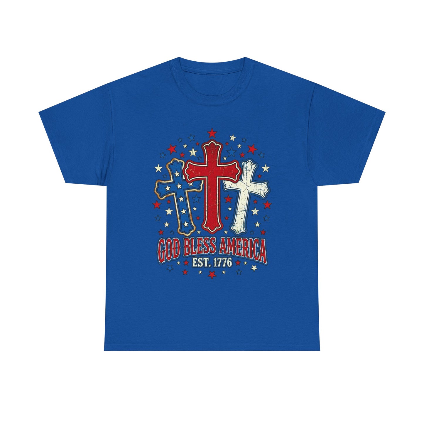 Patriotic Cross Trio Tee | God Bless America Est.1776, USA flag stars