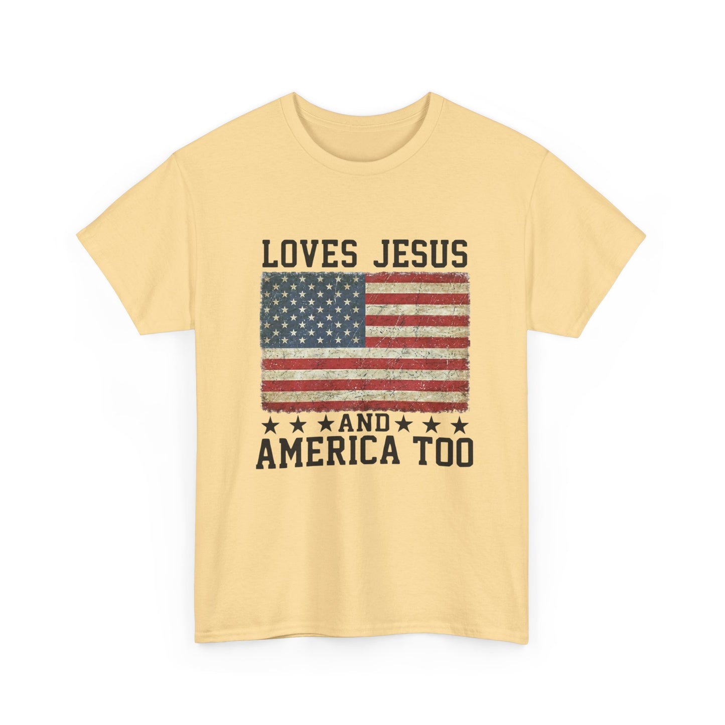 Loves Jesus and America Too T-Shirt | American Flag Christian Patriotic Tee