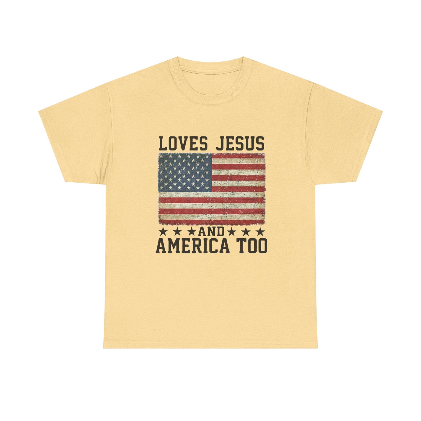 Loves Jesus and America Too T-Shirt | American Flag Christian Patriotic Tee