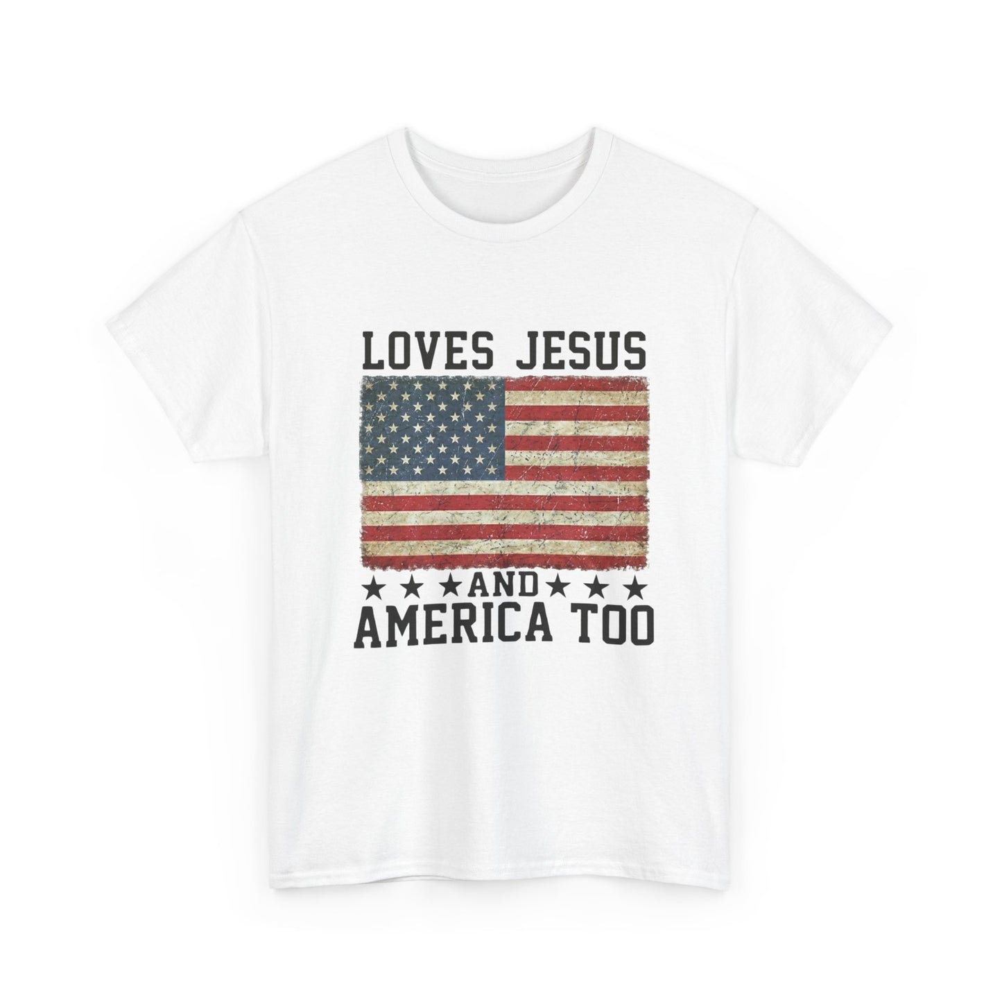 Loves Jesus and America Too T-Shirt | American Flag Christian Patriotic Tee