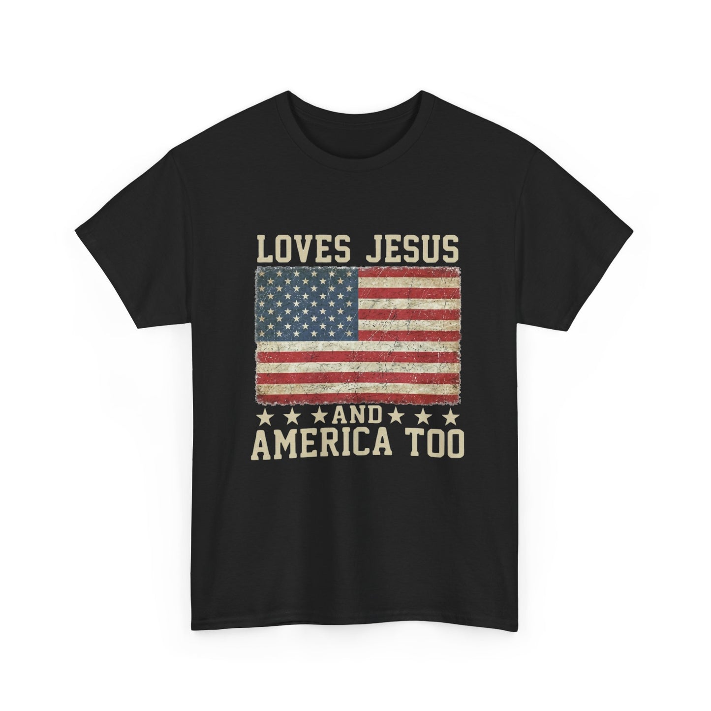 Loves Jesus and America Too T-Shirt | American Flag Christian Patriotic Tee