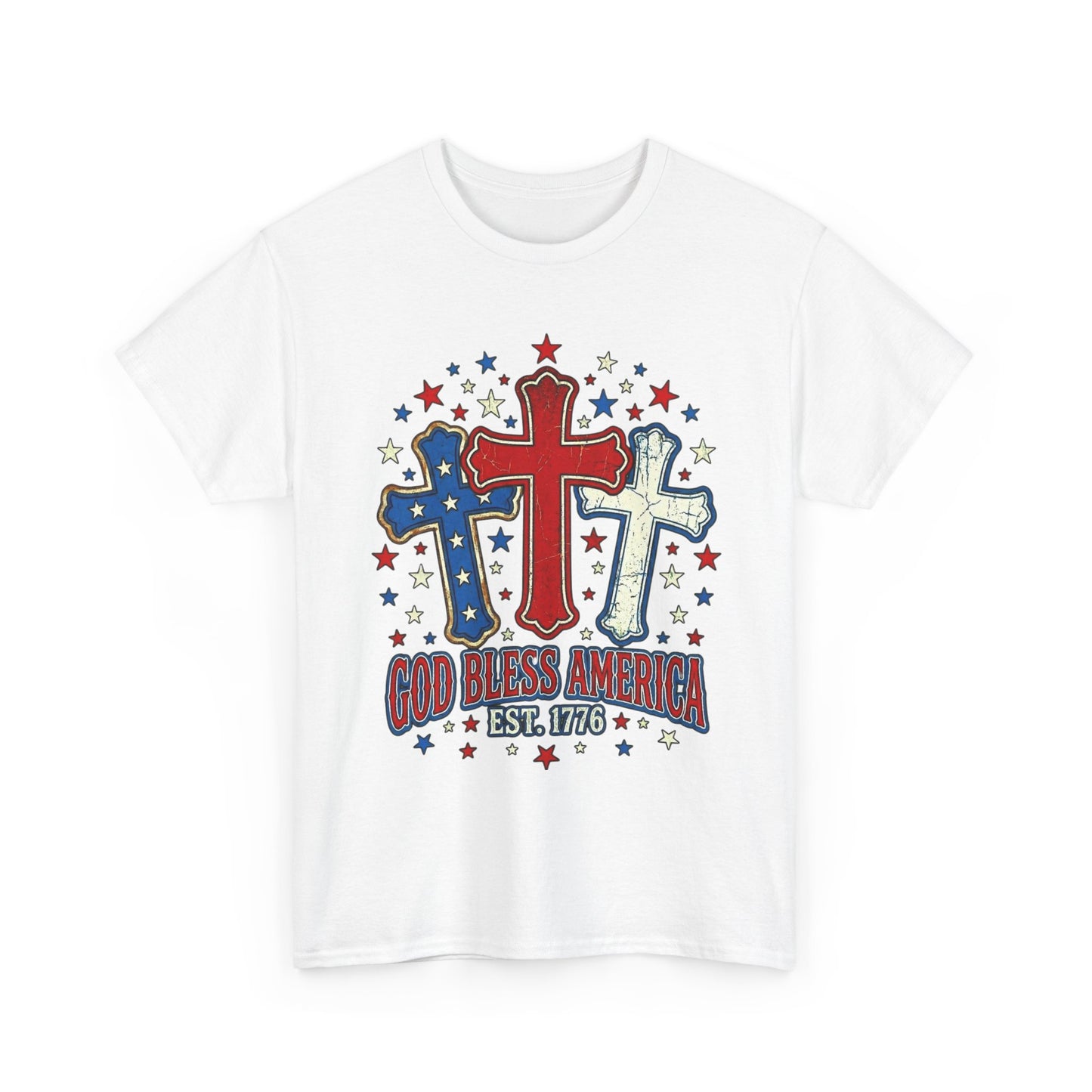 Patriotic Cross Trio Tee | God Bless America Est.1776, USA flag stars