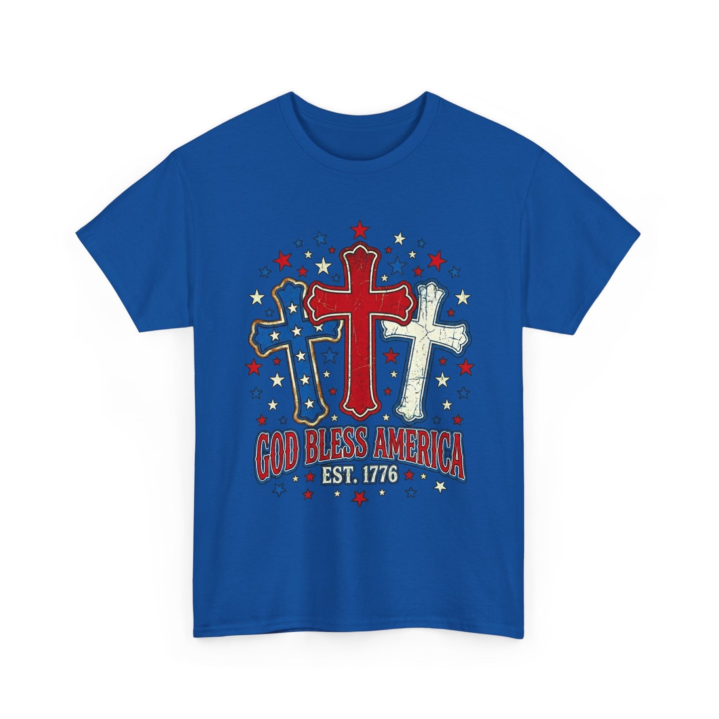 Patriotic Cross Trio Tee | God Bless America Est.1776, USA flag stars