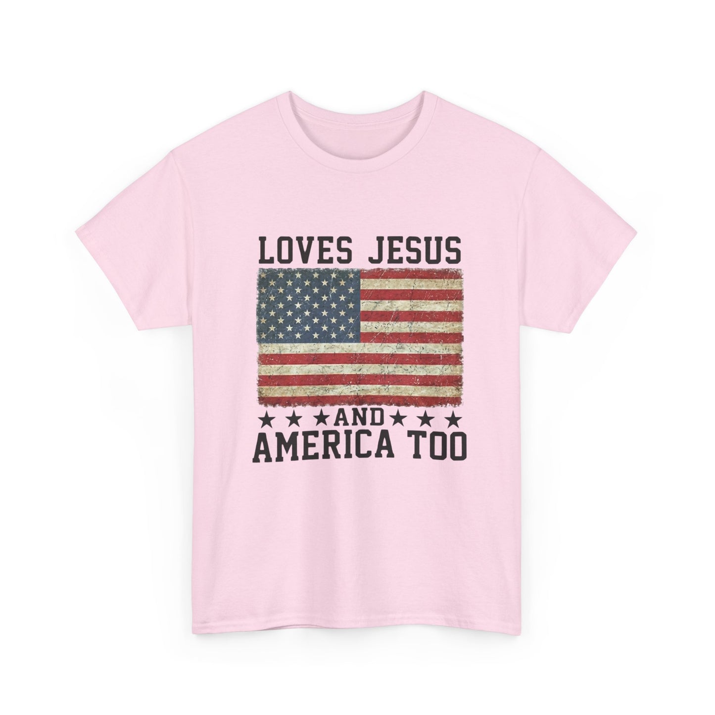 Loves Jesus and America Too T-Shirt | American Flag Christian Patriotic Tee