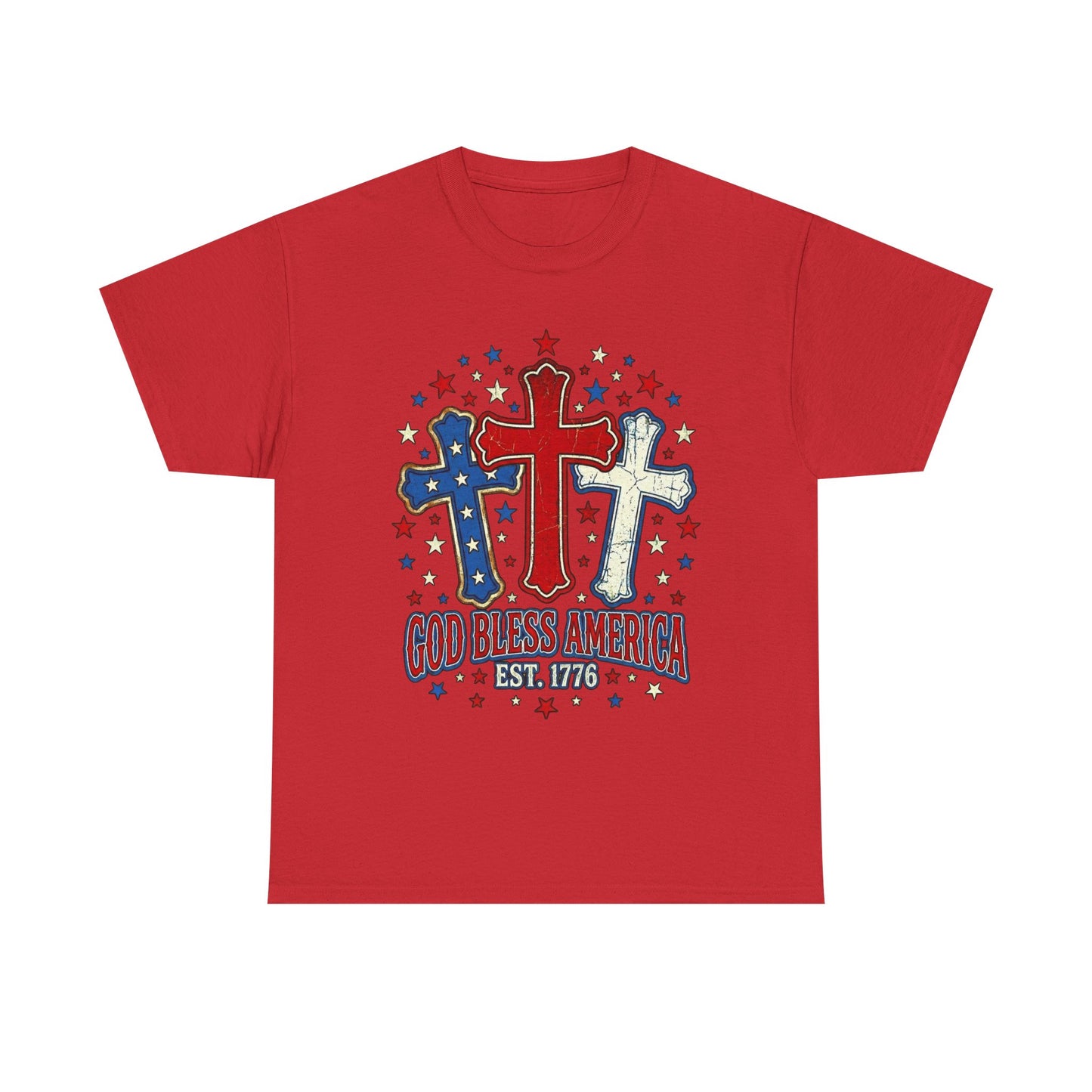 Patriotic Cross Trio Tee | God Bless America Est.1776, USA flag stars